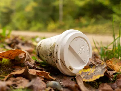 Old disposable coffee cup in the forest. Plastic recycling, pollution and global warming theme. Take away food industries impact on the environments.