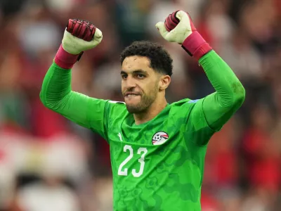 Egypt goalkeeper Mostafa Shoubir (23) celebrates after winning the World Cup Group G soccer match between New Zealand and Egypt in Vancouver, British Columbia, Sunday, June 21, 2026. (AP Photo/Abbie Parr)