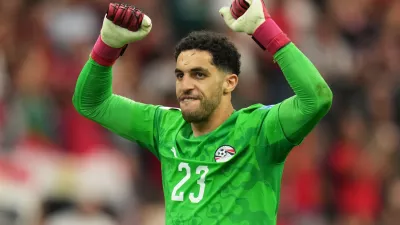 Egypt goalkeeper Mostafa Shoubir (23) celebrates after winning the World Cup Group G soccer match between New Zealand and Egypt in Vancouver, British Columbia, Sunday, June 21, 2026. (AP Photo/Abbie Parr)