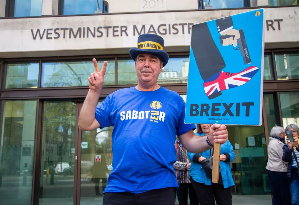 April 14, 2025, London, England, United Kingdom: Anti-Brexit protester STEVE BRAY isseenoutside Westminster Magistrates' Court in London, after being cleared of flouting a police ban on playing anti-Conservative and anti-Brexit music through speakers outside Parliament in March last year. (Credit Image: &copy; Tayfun Salci/ZUMA Press Wire)