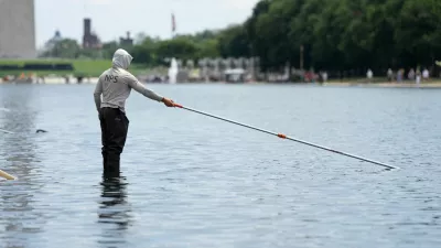 A worker vacuums algae from the Lincoln Memorial Reflecting Pool, after recent renovations following a directive from U.S. President Donald Trump to paint it blue ahead of the 250th anniversary of U.S. Independence, in Washington, D.C., U.S., June 21, 2026. REUTERS/Aaron Schwartz