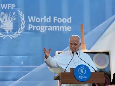 Pope Leo XIV speaks during a meeting with the employees of the United Nations World Food Programme in Rome, Monday, June 22, 2026. (AP Photo/Alessandra Tarantino)