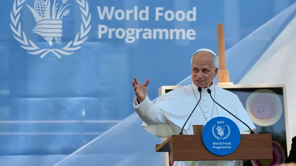 Pope Leo XIV speaks during a meeting with the employees of the United Nations World Food Programme in Rome, Monday, June 22, 2026. (AP Photo/Alessandra Tarantino)