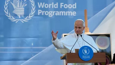 Pope Leo XIV speaks during a meeting with the employees of the United Nations World Food Programme in Rome, Monday, June 22, 2026. (AP Photo/Alessandra Tarantino)