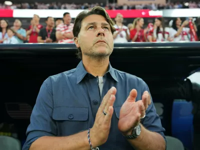United States head coach Mauricio Pochettino stands on the bench prior to the World Cup Group D soccer match between Turkey and the United States in Inglewood, Calif., near Los Angeles, Thursday, June 25, 2026. (AP Photo/Andre Penner)