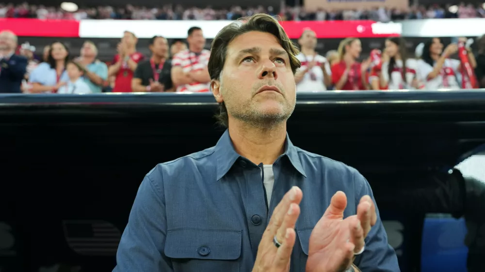 United States head coach Mauricio Pochettino stands on the bench prior to the World Cup Group D soccer match between Turkey and the United States in Inglewood, Calif., near Los Angeles, Thursday, June 25, 2026. (AP Photo/Andre Penner)