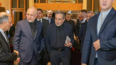 Minister of Foreign Affairs of Iran, Seyyed Abbas Araghchi, centre, and Speaker of the Islamic Parliament of Iran, Mohammad Bagher Ghalibaf, left, at the Buergenstock resort in Obbuergen, near Lucerne, Switzerland, Sunday, June 20, 2026.  URS FLUEELER/Pool via REUTERS