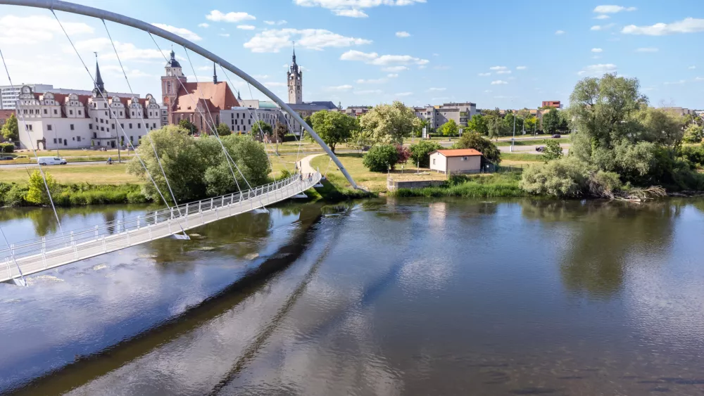 view of the elbe river with magdeburg town in east germany