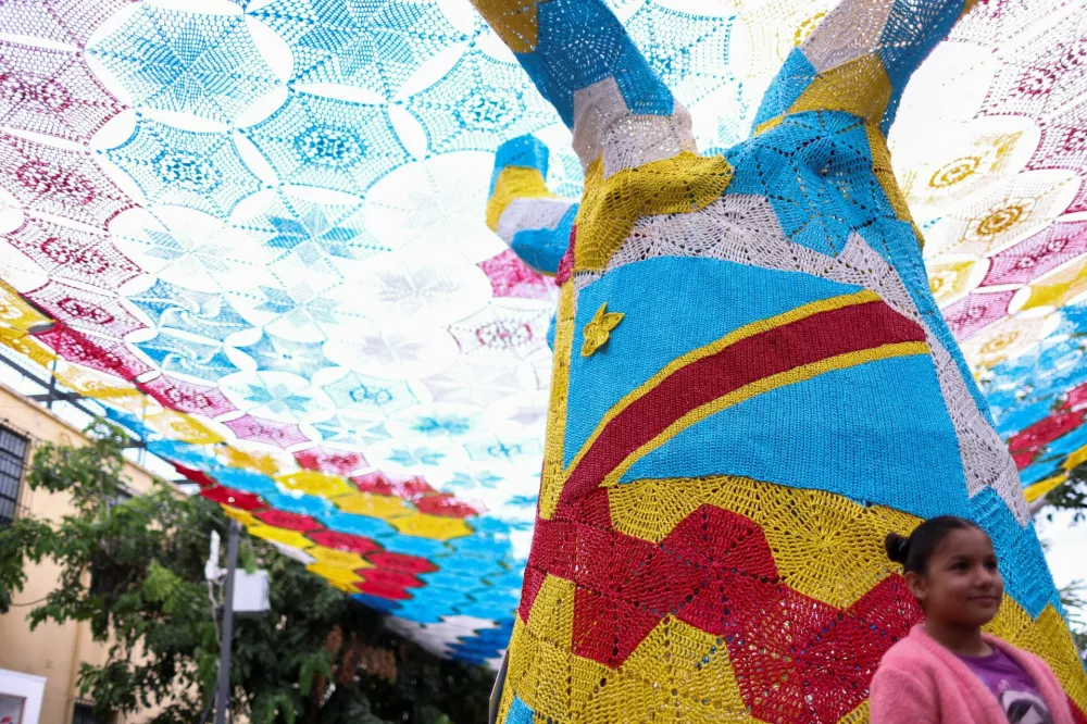 A girl poses for a picture near a tree and a canopy of embroidered decorations depicting the colours of the Congo team in downtown Guadalajara, one of the host cities of the 2026 FIFA World Cup, Mexico, June 22, 2026. REUTERS/Raquel Cunha / Foto: Raquel Cunha
