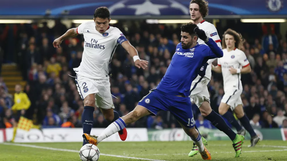 Football Soccer - Chelsea v Paris St Germain - UEFA Champions League Round of 16 Second Leg - Stamford Bridge, London, England - 9/3/16PSG's Thiago Silva in action with Chelsea's Diego CostaReuters / Stefan WermuthLivepicEDITORIAL USE ONLY.