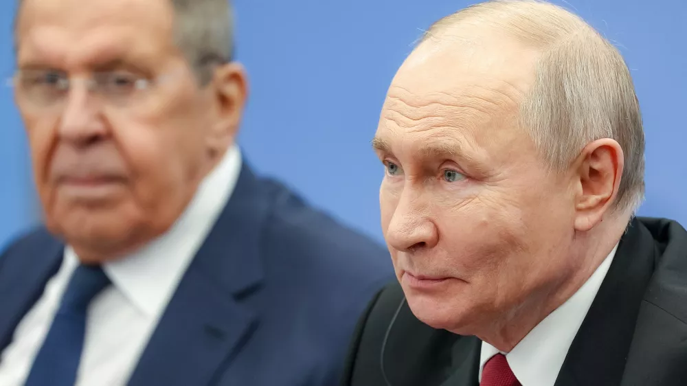 Russian President Vladimir Putin, right, accompanied by Russian Foreign Minister Sergey Lavrov, speaks with Thai Prime Minister Anutin Charnvirakul on the sidelines of the Russia-ASEAN Summit in Kazan, Russia, Thursday, June 18, 2026. (Egor Aleev, Sputnik, Kremlin Pool Photo via AP)