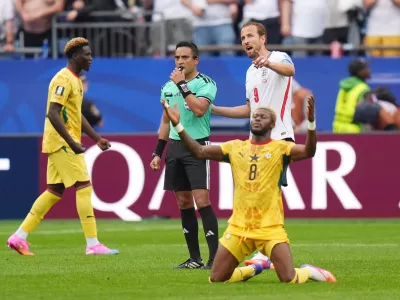 Soccer Football - FIFA World Cup 2026 - Group L - England v Ghana - Boston Stadium, Foxborough, Massachusetts, U.S. - June 23, 2026 Ghana's Kwasi Sibo celebrates as England's Harry Kane talks to referee Said Martinez after the match IMAGN IMAGES via Reuters/David Butler Ii