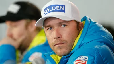 FILE - USA men's ski team member and six-time Olympic medalist Bode Miller participates in a news conference at the alpine skiing world championships Feb. 2, 2015, in Beaver Creek, Colo. (AP Photo/Brennan Linsley, File)