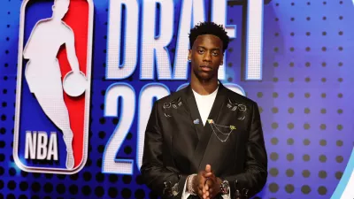 AJ Dybantsa arrives for the first round of the NBA basketball draft Tuesday, June 23, 2026, in New York. (AP Photo/Adam Hunger)