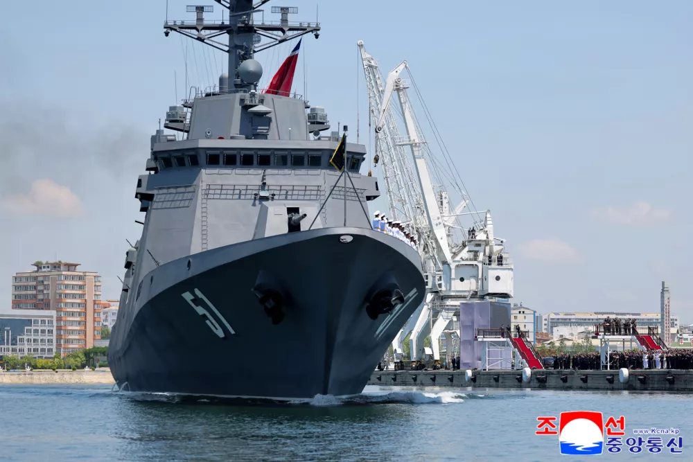 In this photo provided Wednesday, June 24, 2026, by the North Korean government, North Korean destroyer Choe Hyon leaves the port following a commissioning ceremony in Nampo Tuesday, June 23, 2026. Independent journalists were not given access to cover the event depicted in this image distributed by the North Korean government. The content of this image is as provided and cannot be independently verified. Korean language watermark on image as provided by source reads: "KCNA" which is the abbreviation for Korean Central News Agency. (Korean Central News Agency/Korea News Service via AP)