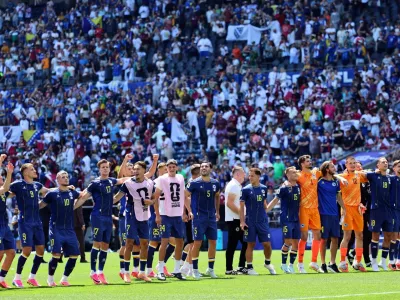 Soccer Football - FIFA World Cup 2026 - Group B - Bosnia and Herzegovina v Qatar - Seattle Stadium, Seattle, Washington, U.S. - June 24, 2026 Bosnia and Herzegovina players celebrate after the match IMAGN IMAGES via Reuters/Blake Dahlin