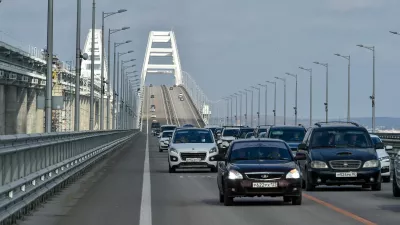 FILE - Cars and other vehicles drive on the Kerch&nbsp;Bridge connecting the Russian mainland and the Crimean&nbsp;Peninsula on&nbsp;Thursday, Feb. 23, 2023. &nbsp;(AP Photo, File)