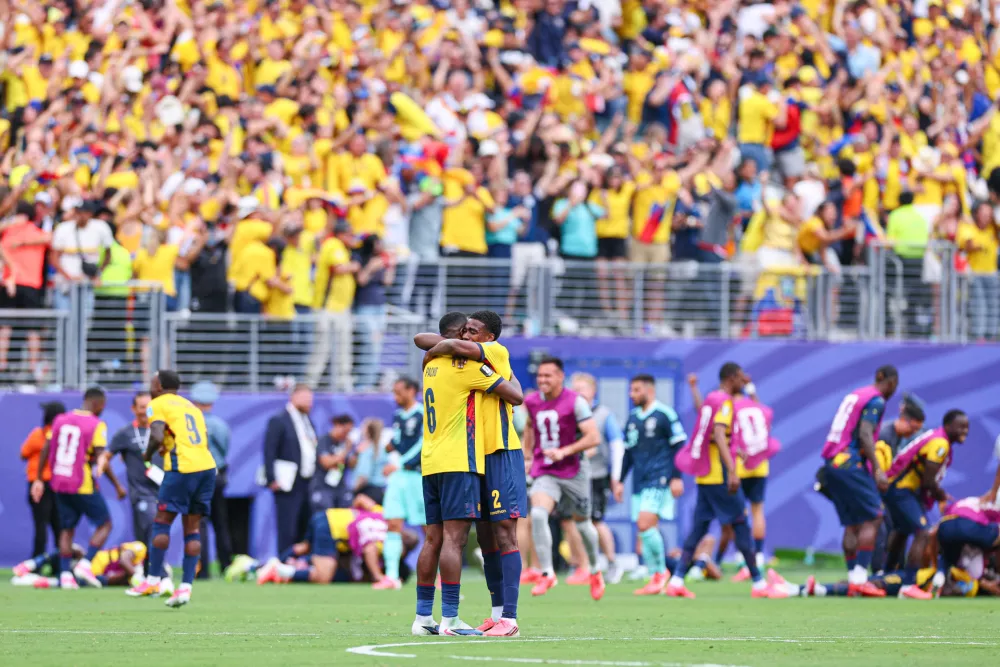 Jun 25, 2026; East Rutherford, New Jersey, USA; Ecuador defender William Pacho (6) and defender Felix Torres (2) celebrate after defeating Germany in a Group E match of the 2026 FIFA World Cup at New York New Jersey Stadium. Mandatory Credit: Vincent Carchietta-Imagn Images