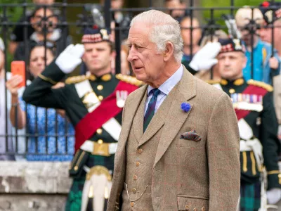 Britain's King Charles inspects Balaklava Company, 5th Battalion, The Royal Regiment of Scotland, at the gates of Balmoral, as he takes up summer residence at the castle in Balmoral Estate, Scotland, Britain, August 21, 2023. Jane Barlow/Pool via REUTERS
