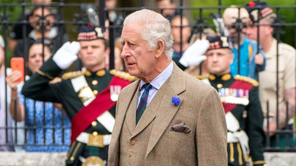 Britain's King Charles inspects Balaklava Company, 5th Battalion, The Royal Regiment of Scotland, at the gates of Balmoral, as he takes up summer residence at the castle in Balmoral Estate, Scotland, Britain, August 21, 2023. Jane Barlow/Pool via REUTERS