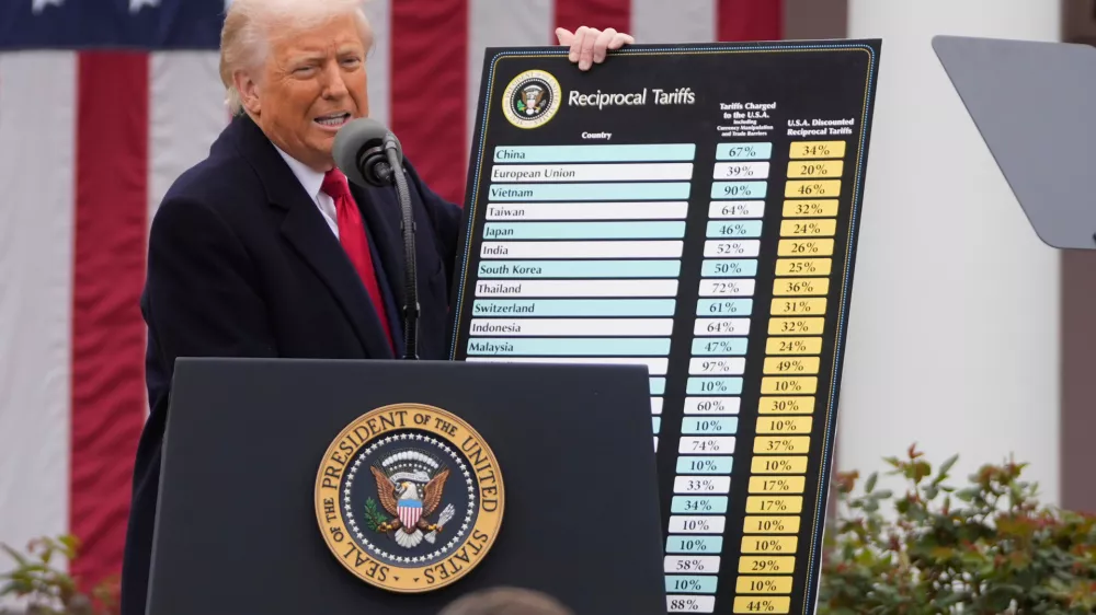 FILE - President Donald Trump speaks during an event to announce new tariffs in the Rose Garden at the White House on April 2, 2025, in Washington. (AP Photo/Mark Schiefelbein, File)