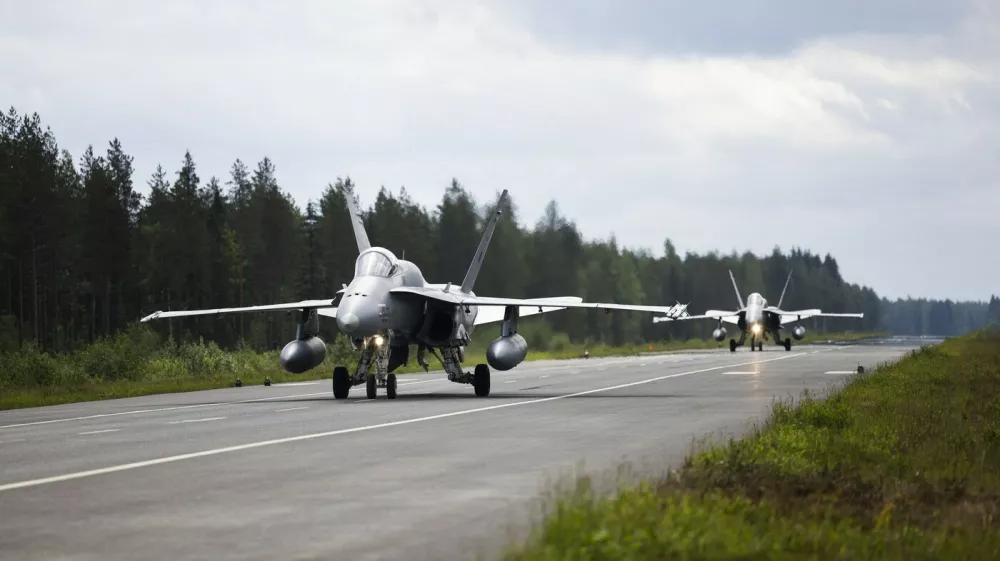 Boeing F/A-18 Hornet multi-role fighters of Finnish Air Force take off on a road strip during NATO's Ramstein Flag 26 exercise in Tervo, Finland on June 10, 2026. The northern part of the Ramstein Flag 26 live-fly exercise will take place in Finland, Sweden, Norway and Denmark from 8 to 19 June 2026.,Image: 1109277659, License: Rights-managed, Restrictions: Finland OUT, Model Release: no 