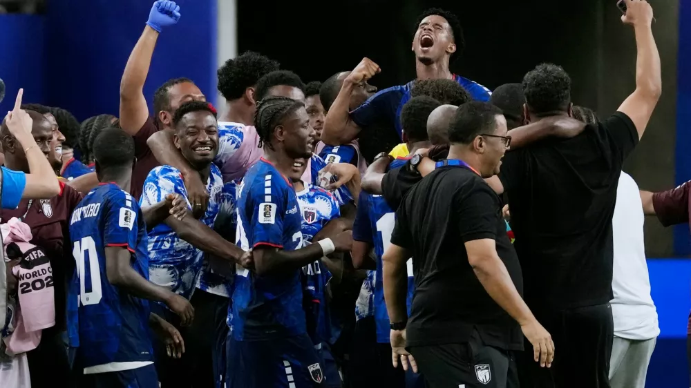 Cape Verde celebrates their 0-0 draw against Saudi Arabia after the World Cup Group H soccer match in Houston, Friday, June 26, 2026. (AP Photo/David J. Phillip)