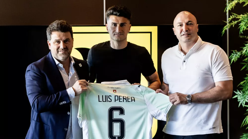 Igor Barisic CEO of NK Olimpija, Necat Ayg&uuml;n Sports Director of NK Olimpija, Luis Perea of NK Olimpija during signing a contract for NK Olimpija Ljubljana, on June 26, 2026 in Stadium Stozice, Ljubljana, Slovenia. Photo by Nikola Mitic / Sportida