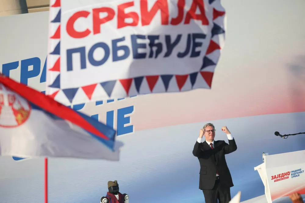 Serbian President Aleksandar Vucic attends a rally in Belgrade, Serbia, June 27, 2026. REUTERS/Djordje Kojadinovic