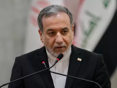 Iranian Foreign Minister Abbas Araghchi speaks during a news conference with his Iraqi counterpart Fouad Hussein after their meeting at the foreign ministry in Baghdad, Iraq, Sunday, June 28, 2026. (AP Photo/Hadi Mizban)