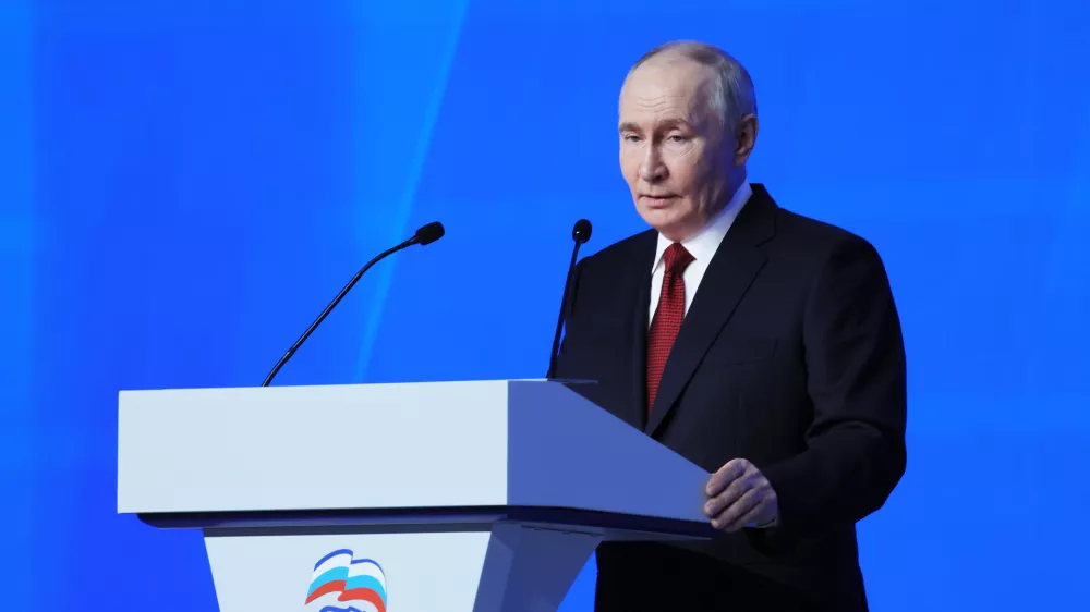 Russian President Vladimir Putin addresses the United Russia party congress in Moscow, Sunday, June 28, 2026. (Ekaterina Shtukina, Sputnik, Kremlin Pool Photo via AP)