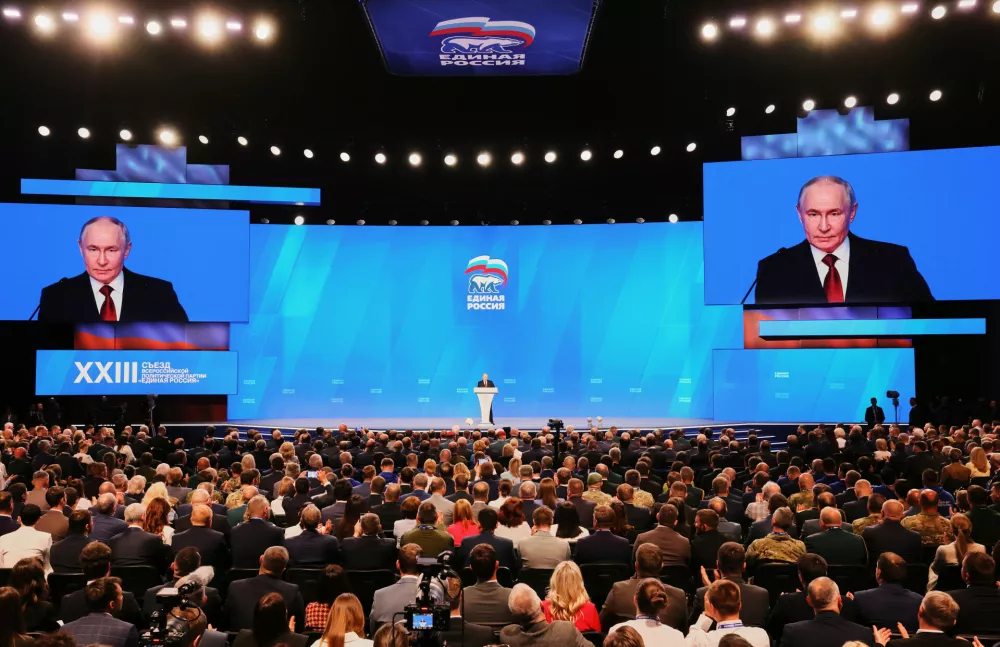 Russian President Vladimir Putin addresses the United Russia party congress in Moscow, Sunday, June 28, 2026. (Mikhail Metzel, Sputnik, Kremlin Pool Photo via AP)