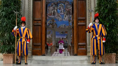 Swiss guards stand at the Sistine Chapel, ahead of the conclave to elect the next pope at the Vatican, May 7, 2025. Vatican Media/Handout via REUTERS  THIS IMAGE HAS BEEN SUPPLIED BY A THIRD PARTY