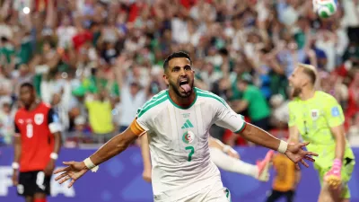 Soccer Football - FIFA World Cup 2026 - Group J - Algeria v Austria - Kansas City Stadium, Kansas City, Missouri, U.S. - June 27, 2026 Algeria's Riyad Mahrez celebrates scoring their second goal IMAGN IMAGES via Reuters/Kylie Graham