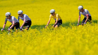Overall leader with the yellow jersey Tadej Pogacar, second from right, from Slovenia, rides behind a rapeseed field during the second stage, a 173,1 km race between Rue and Vucherens, of the 79th Tour de Romandie UCI World Tour Cycling race, in Vuillens, Switzerland, Thursday, April 30, 2026. (Jean-Christophe Bott/Keystone via AP)