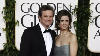Colin Firth arrives with his wife Livia Giuggioli for the Golden Globe Awards Sunday, Jan. 16, 2011, in Beverly Hills, Calif. (AP Photo/Matt Sayles)