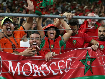 Moroccan fans celebrate after their team won on penalty kicks in the World Cup round of 32 soccer match between the Netherlands and Morocco in Guadalupe, near Monterrey, Mexico, Monday, June 29, 2026. (AP Photo/Addison Simmons)