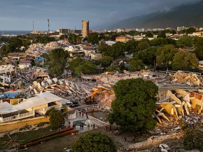 An aerial view of buildings destroyed following earthquakes in Caraballeda, La Guaira State, Venezuela, on June 29, 2026. MIGUEL MEDINA/Pool via REUTERS