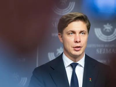 Newly elected Lithuania's Prime Minister Mindaugas Sinkevicius speaks to the media at the Parliament in Vilnius, Lithuania, Tuesday, June 30, 2026. (AP Photo/Mindaugas Kulbis)