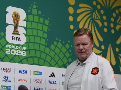 Netherlands head coach Ronald Koeman arrives for a press conference ahead of the World Cup round of 32 soccer match against Morocco in Guadalupe, near Monterrey, Mexico, Sunday, June 28, 2026. (AP Photo/Moises Castillo)