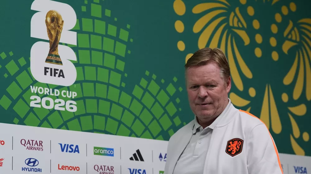 Netherlands head coach Ronald Koeman arrives for a press conference ahead of the World Cup round of 32 soccer match against Morocco in Guadalupe, near Monterrey, Mexico, Sunday, June 28, 2026. (AP Photo/Moises Castillo)