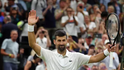 Tennis - Wimbledon - All England Lawn Tennis and Croquet Club, London, Britain - July 1, 2026 Serbia's Novak Djokovic celebrates after winning his second round match against Greece's Stefanos Tsitsipas REUTERS/Marko Djurica