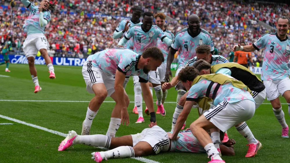 Belgian players celebrate after the thrid goal during the World Cup round of 32 soccer match between Belgium and Senegal in Seattle, Wednesday, July 1, 2026. (AP Photo/Manu Fernandez)