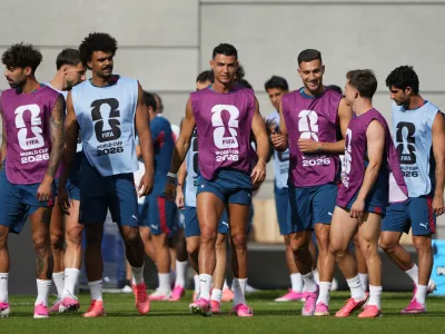 Soccer Football - FIFA World Cup 2026 - Portugal Training - Centennial Park, Toronto, Canada - July 1, 2026 Portugal's Cristiano Ronaldo with teammates during training IMAGN IMAGES via Reuters/Kevin Sousa