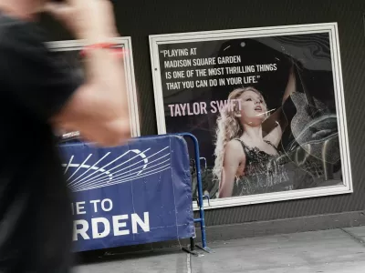 Signage depicting Taylor Swift outside Madison Square Garden, ahead of a reported wedding between singer Taylor Swift and National Football League player Travis Kelce, in New York City, U.S., July 1, 2026. REUTERS/Bing Guan