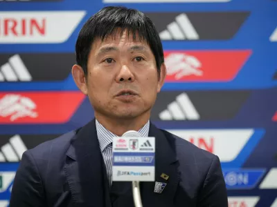 Japan's soccer head coach Hajime Moriyasu speaks during a news conference in Tokyo, Thursday, July 2, 2026. (AP Photo/Hiro Komae)