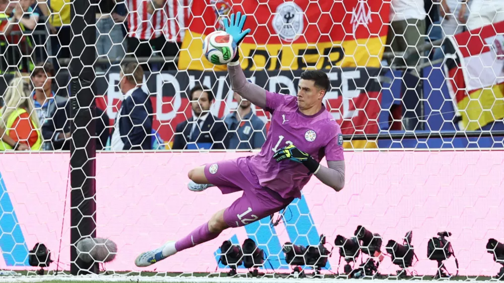 Soccer Football - FIFA World Cup 2026 - Round of 32 - Germany v Paraguay - Boston Stadium, Foxborough, Massachusetts, U.S. - June 29, 2026 Paraguay's Orlando Gill saves a penalty from Germany's Kai Havertz during the penalty shootout REUTERS/Amanda Perobelli