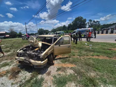 Emergency medical personnel work next to a damaged vehicle that was crashed by an 11-year-old boy into a group of Buddhist monks along the roadside in Mukdahan, Thailand, July 2, 2026. Ruamjai Mukdahan Rescue/Handout via REUTERS  THIS IMAGE HAS BEEN SUPPLIED BY A THIRD PARTY. NO RESALES. NO ARCHIVES. MANDATORY CREDIT.