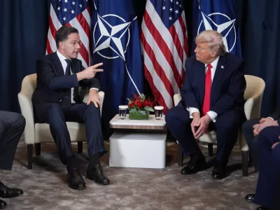 President Donald Trump, right, meets with NATO Secretary General Mark Rutte during a meeting on the sidelines of the Annual Meeting of the World Economic Forum in Davos, Switzerland, Wednesday, Jan. 21, 2026. (AP Photo/Evan Vucci)