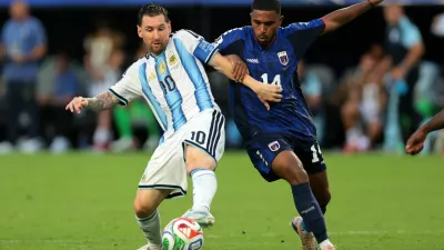 Soccer Football - FIFA World Cup 2026 - Round of 32 - Argentina v Cape Verde - Miami Stadium, Miami Gardens, Florida, U.S. - July 3, 2026 Argentina's Lionel Messi in action with Cape Verde's Deroy Duarte IMAGN IMAGES via Reuters/Sam Navarro